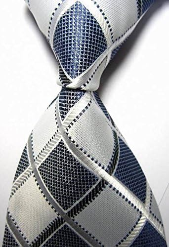 Allan Collection :New Classic Checkered Silver White and Blue 100% Silk Necktie