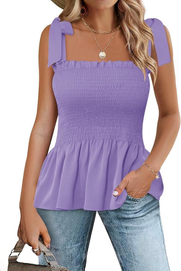 Micoson Ruffle Tank Tops for Women Summer Square Neck Sleeveless Tops Tie Shoulder Chiffon Blouse Babydoll Shirts