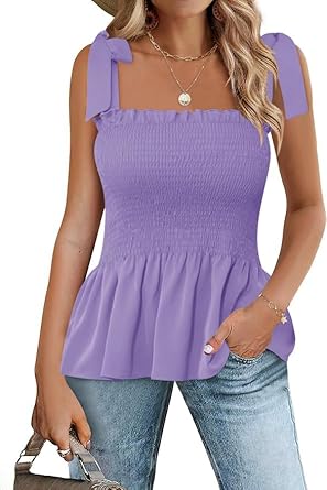 Micoson Ruffle Tank Tops for Women Summer Square Neck Sleeveless Tops Tie Shoulder Chiffon Blouse Babydoll Shirts