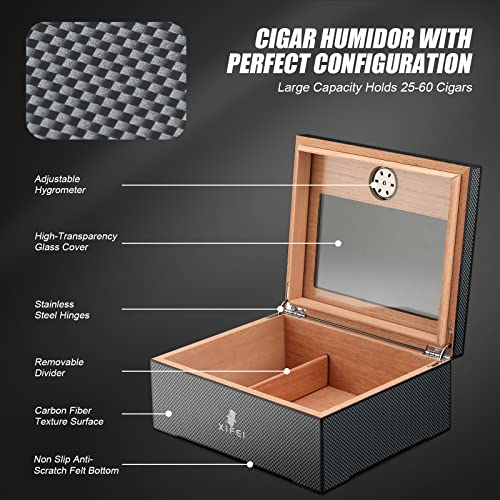 XIFEI Cigar Humidor, Spanish Cedar Wood Desktop Cigar Box Storage 25-60 Cigars, Glass Top Carbon Fiber Texture Humidors with Hygrometer, Humidifier, Humidor Solution, Cigar Accessories Gifts for Men - Thumbnail 3