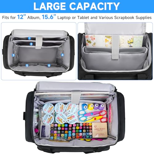 Image of Craft Bag for Scrapbook Supplies, Large Scrapbook Tote with 15.6'' Laptop Sleeve, Art Supply Storage Bag with Multiple Pockets for Scrapbooking Tools, Black