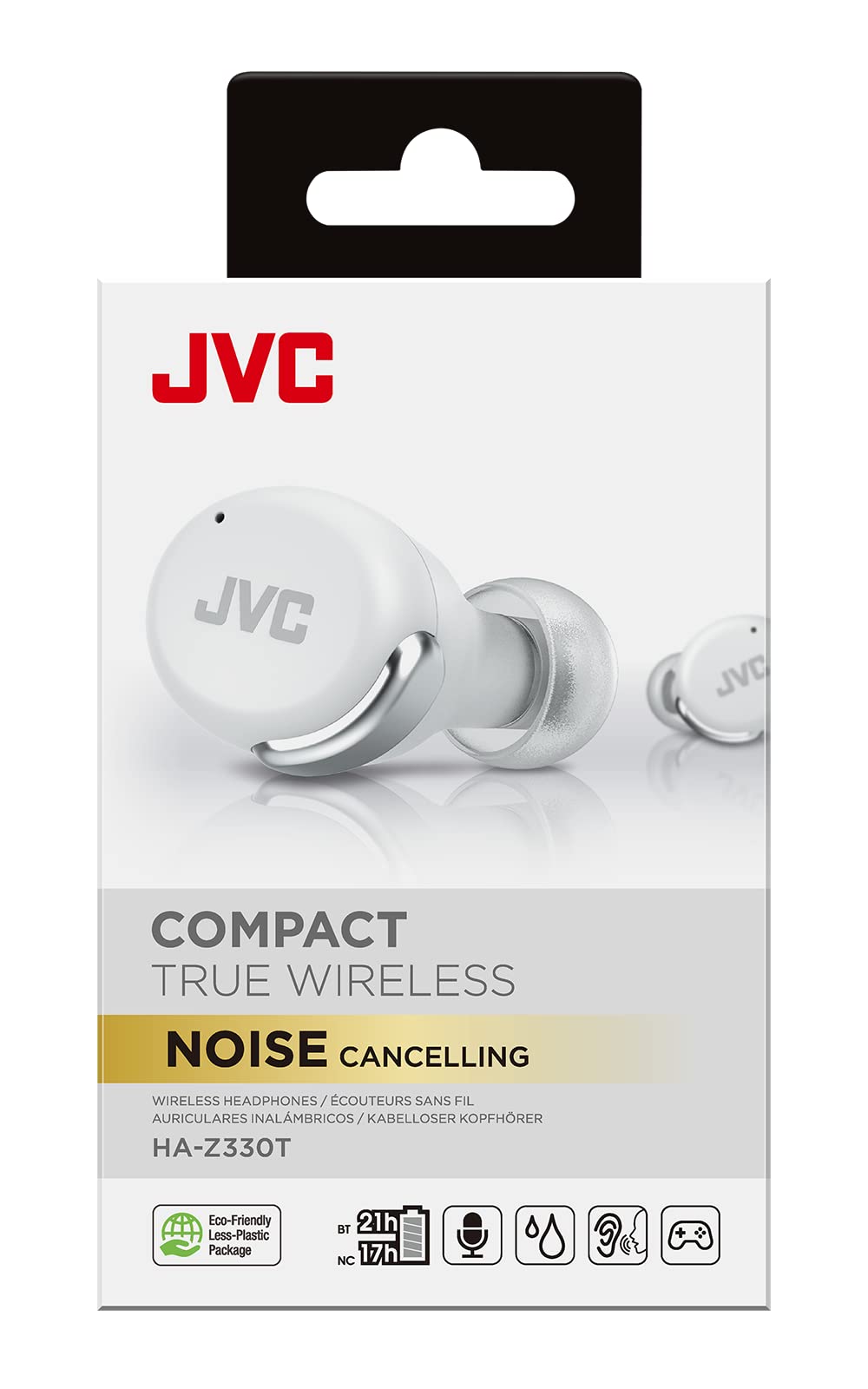 Kompaktowe bezprzewodowe słuchawki Bluetooth JVC, aktywna redukcja szumów, małe, lekkie, stylowy design, wodoodporne (IPX4), autonomia 21H, HA-Z330T-W (biały)