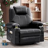 Weture Oversized Swivel Rocker Recliner Chair with Heat and Massage, 360 Degree Swivel Rocking Single Sofa with USB Port and Cup Holders, Large Big Recliner Chair for Living Room(Leather, Black)