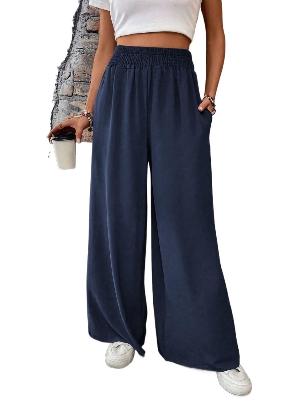 Womens Fall Elastic Waist Wide Leg Pants Trousers Blue