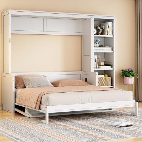 LUMISOL Queen Size Murphy Bed with Desk and Bookshelf – Solid Wood Wall Bed Frame, White