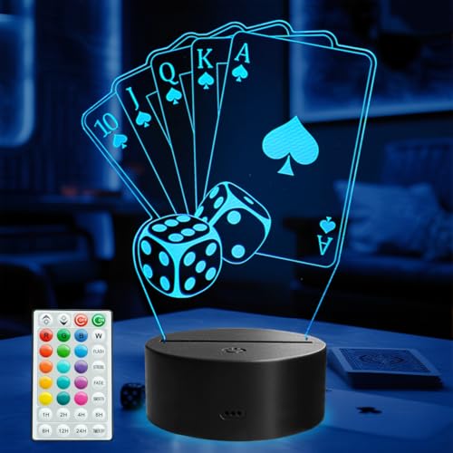 Image of Poker Night Light, 3D Illusion Lamp with 16 Colors Changing, Timer, 4 Flash Modes and Dimmable, Poker Cards Decor Playing Cards Dice for Casino Decorations, Man Cave Lights Poker Accessories