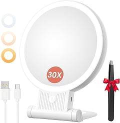 Auxmir Miroir Grossissant Lumineux Double Face 1X/30X, Miroir Maquillage 3 Couleurs D'éclairage, Luminosité Réglable, Batterie 2000mAh Rechargeable, Support 360°, Mural/Portable/Pliable