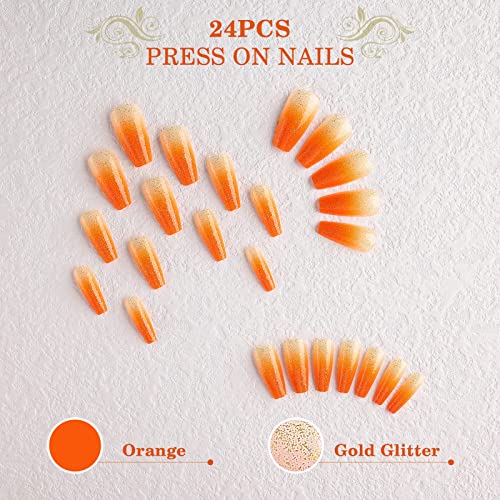 Kikmoya Medium Length False Nails Coffin Nails Tips Fake Nails Ombre Orange Press On Nails Glod Glitter Acrylic Nail Kit 24Pcs Finger Manicure Stick On Nails For Women And Girls (Orange) #TOP4