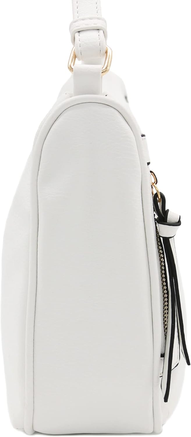 Faux Leather Two Front Zipper Pocket Crossbody Saddle Bag (White)
