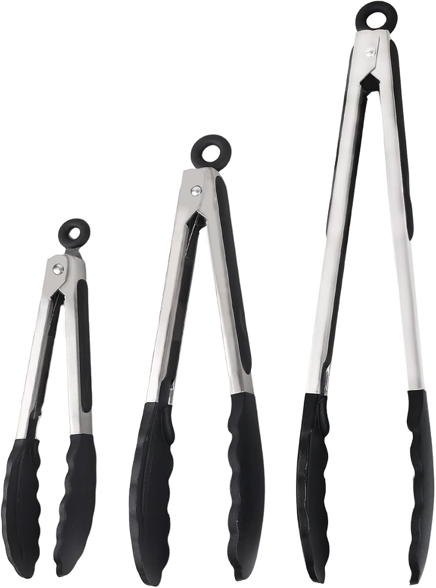 Kitchen Tongs with Silicone Tips, Kitchen Tongs, Cooking Tongs, Premium Stainless Steel Locking Cooking Tongs, Non-Slip Food Tongs for Cooking, Heavy Duty, Non-Stick, 480℉, Set of 3-7"/9"/12" Black