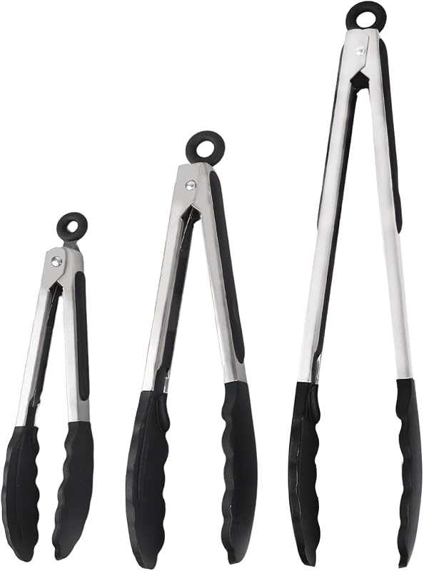 Kitchen Tongs with Silicone Tips, Kitchen Tongs, Cooking Tongs, Premium Stainless Steel Locking Cooking Tongs, Non-Slip Food Tongs for Cooking, Heavy Duty, Non-Stick, 480℉, Set of 3-7"/9"/12" Black