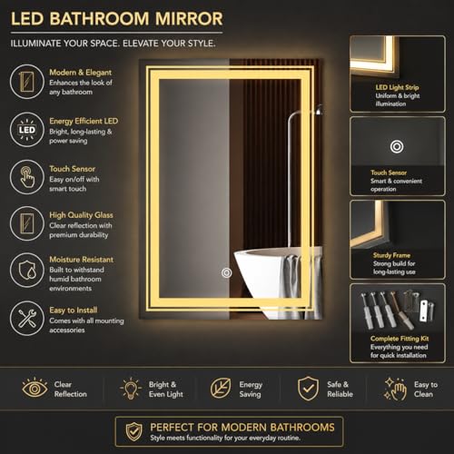 Image of LED Smart Bathroom Mirror with Touch Sensor | 3-in-1 Light Modes - Warm White | Cool White & Natural Light | Office and Home Use (Portrait 2, 18x24)