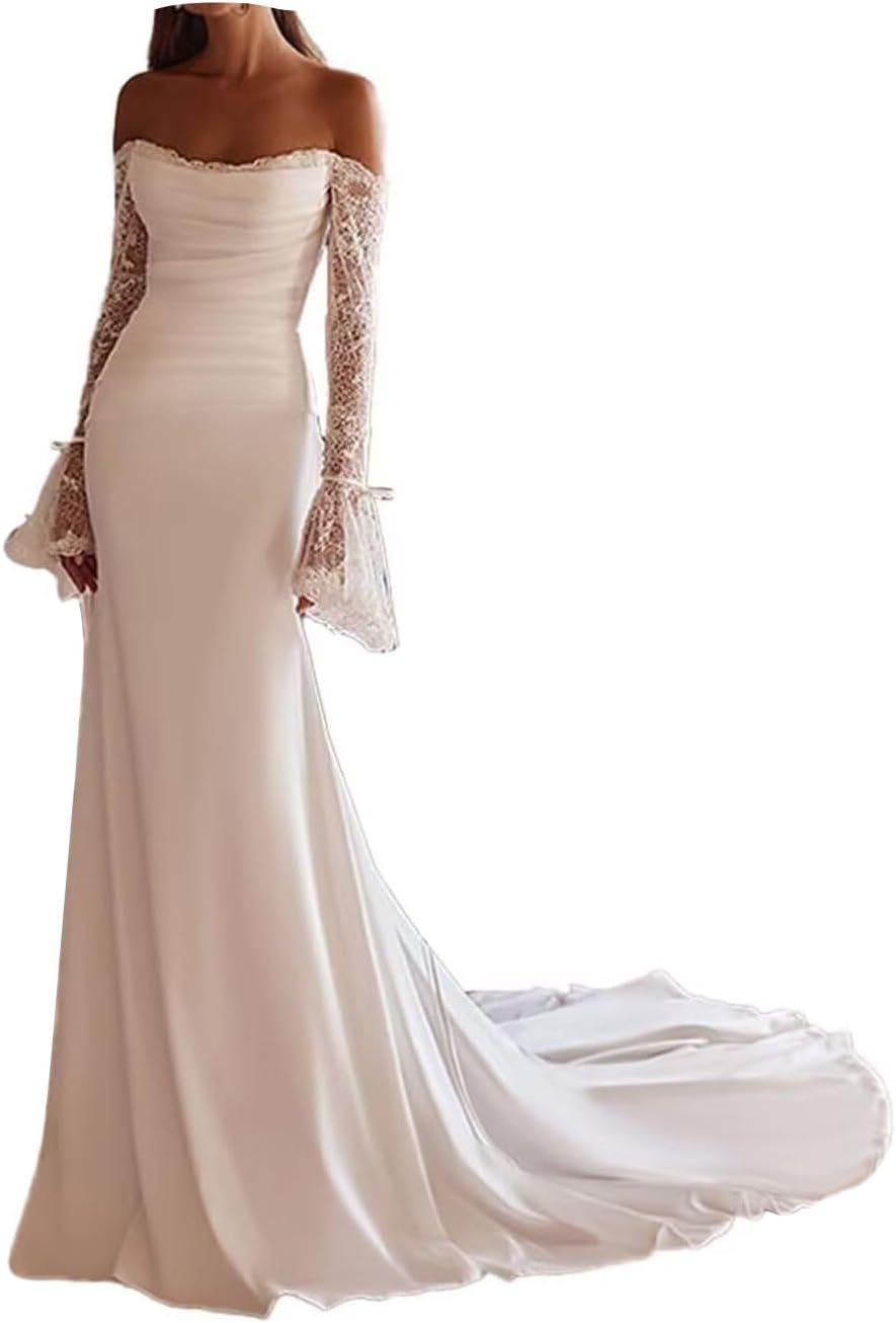 Fanciest Women's Off Shoulder Chiffon Wedding Dress Long Sleeve Mermaid Bridal Gown with Train