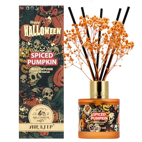 Image of Airkeep Halloween Reed Diffuser Set,3.38 fl oz (100 ml) - Spiced Pumpkin Oil Diffusers with 8 Reed Sticks, Home Fragrance Reed Diffuser for Bathroom Shelf Decor