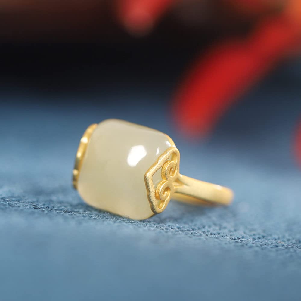 Anelli d'Argento,Anello Regolabile in Argento Sterling S925 Quadrato con Giada di Hetian Anello di Buon Auspicio Intaglio in Pietra Naturale FEDI Nuziali in Pietra Naturale Placcate in Oro Prometton