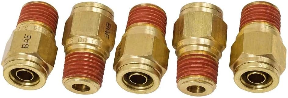 Mytee Products DOT Brass 5 Pack Male Straight 3/8" Tube OD x 1/4" NPT w/Fitting Elbow - 3/8" Tube OD x 1/4" NPT Push to Connect Fitting, Air Brake Connector.
