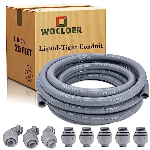 Wocloer Liquid-Tight Conduit 1inch 25 Foot Flexible Non Metallic Liquid Tight Electrical Conduit and Connector Kit with 5 Straight and 3 90-Degree Connector Fittings 1 Dia