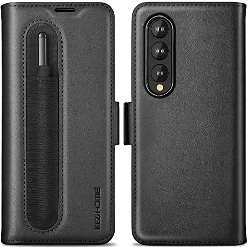 Kezihome Samsung Galaxy Z Fold 3 Case With S Pen Holder, Galaxy Z Fold 3 Wallet Case Pu Leather [Rfid Blocking] Card Slot Shockproof Flip Phone Cover Compatible With Z Fold 3 5G (2021) (Black) #TOP26