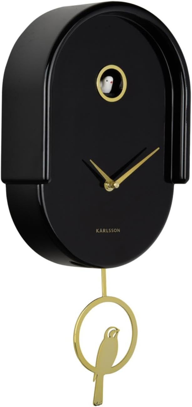 Davanti view of the Karlsson Tweet ABS Wall Clock in black, featuring gold hands and a small white bird figure in a circular opening at the top, with a gold bird-shaped pendulum below.