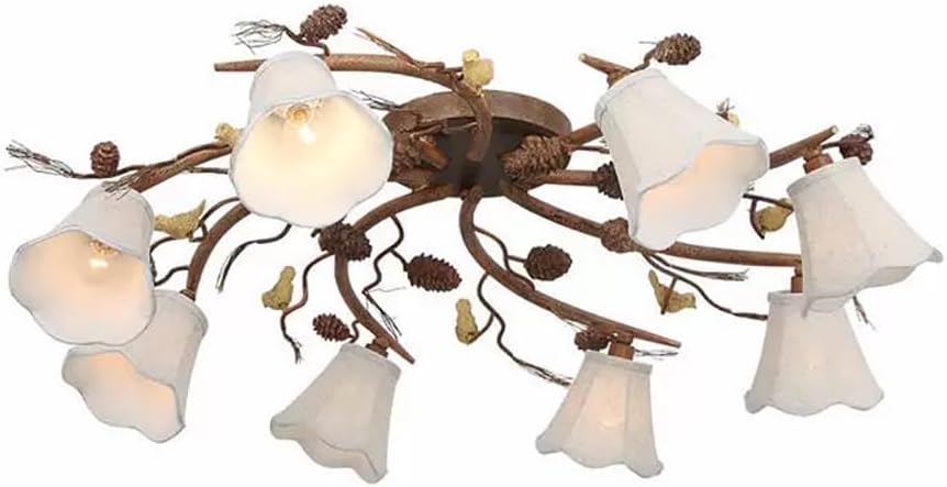 Skyblaze Classic Bird Semi Flush Mount Ceiling Light, Branches Ceiling Light with Fabric Linen Shade, Farmhouse Pine Cones Ceiling Lamp for Dining Room, Kitchen, Living Room (8 Lights)