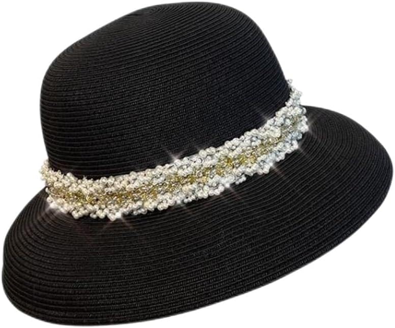 Spring and Pearl Hats, Weaved Big Eaves, Sun Protection Round Top, Women's Shielded Outgoing
