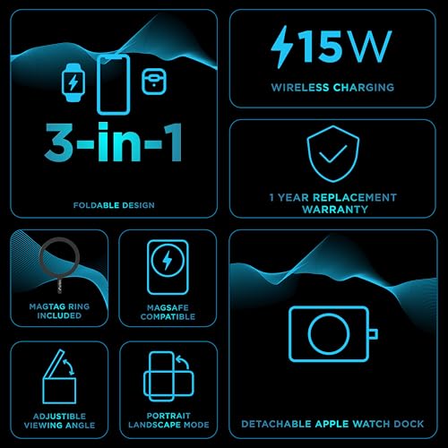 Image of URBN Wireless Charger 3-in-1 MagSafe Charging Stand | Foldable Charger for Apple iWatch, AirPods, iPhone 16 /16 Pro /16 Plus /15 /15 Pro Max & Qi-Compatible Smartphones | Qube Design