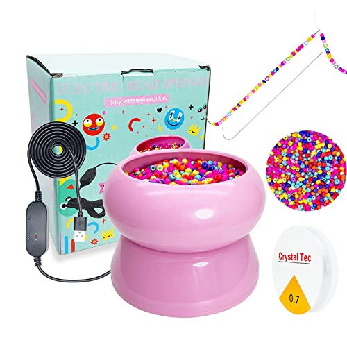 Xmada Electric Bead Spinner - Bead Spinner with 2PC Beading Needles and Seed Beads Waist Beads Kit Bead Spinner for Jewelry Making Electric | Speed Adjustment Beading Tools (Pink)