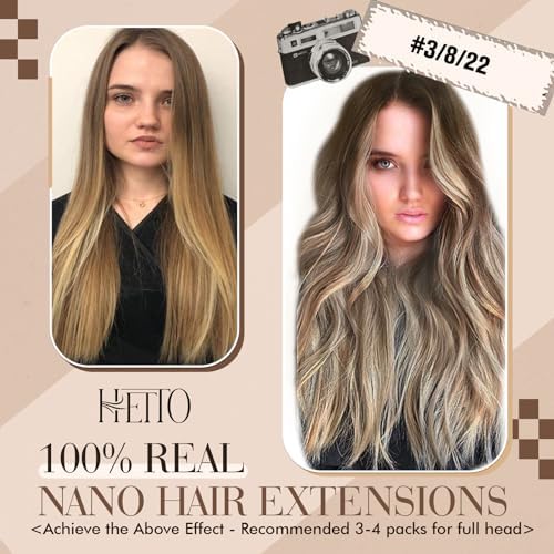 Hetto Balayage Nano Hair Extensions Real Human Hair Nano Ring Hair Extensions Dark Brown to Light Brown with Medium Blonde Nano Tip Hair Extensions Straight 50g 3/8/22 14inch 1g/1s
