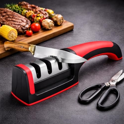 Amolador de Facas e Tesouras 3 em 1 Inox Base Antiderrapante Manual