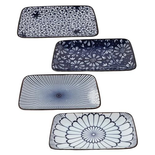 NUOLUX 4個風長方形皿 寿司 サラダ デザート 前菜用食器 伝統的な和柄デザイン 小け盛り付けに