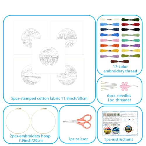 Image of ACRNIGHEET 5 Pack Embroidery Kit for Beginners Adults, Stamped Cross Stitch Kits, Hand Embroidery Starter Kit Including 5 Stamped Embroidery Cloth, Colorful Threads, Hoop, Instruction, Gift Idea
