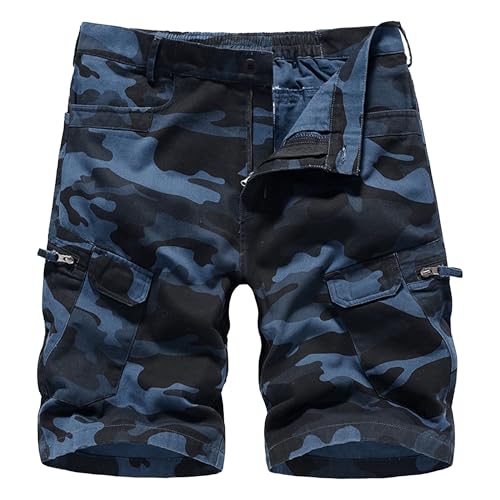 Short cargo militaire bleu homme robuste à multi-poches pratique pour l'extérieur sans ceinture
