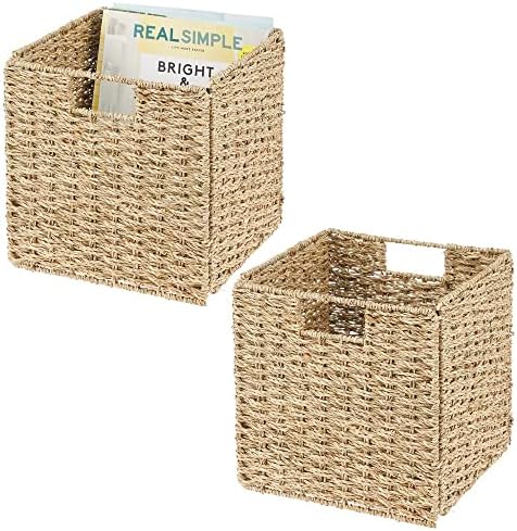 mDesign Set of 2 Storage Basket  Foldable Seagrass Storage Box  Basket Storage Unit Ideal for Storing Clothes, Toys or Magazines  with Wickerwork Pattern  Natural