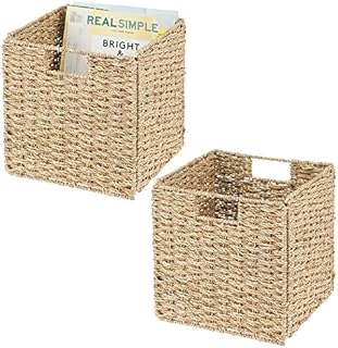 mDesign Set of 2 Storage Basket  Foldable Seagrass Storage Box  Basket Storage Unit Ideal for Storing Clothes, Toys or Magazines  with Wickerwork Pattern  Natural