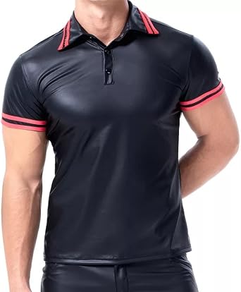 Mens Shiny Leather Polo Shirt, Short Sleeve Collared Tops | Mens soft stretch leather lapel shirt, plus size leather collared jacket