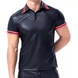 xokesy Men Shiny Leather T-Shirt, Plus Size, Soft Matte, Short Sleeve, Sexy Polo Shirt for Male Black