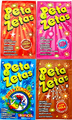 Peta Zetas Caramelo con Chasquidos 3 Packs de 4 Sabores (Fresa, Chicle-Gum, Tropical-Pintalenguas y Cola) (Total 12 sobres de 7 gramos) g