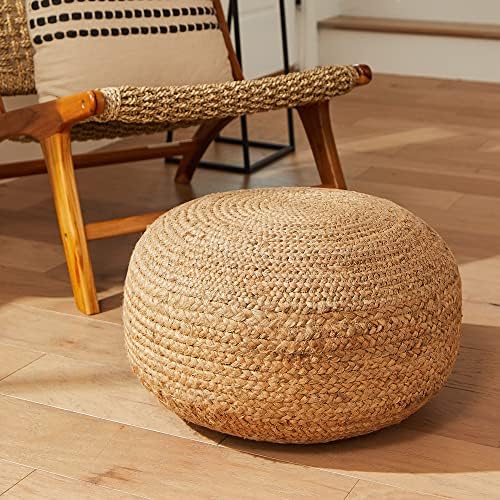 Decor Therapy Round Braided Natural Jute Woven Pouf Ottoman, 19" x 10.5" x 19"
