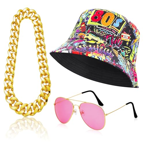 Glirop 80s 90s Hip Hop Costume Set, Fancy Dress Accessories Kit with Graffiti Bucket Hat Fake Gold Chain Pink Sunglasses Retro Rapper Outfit for Men Women Hippie Party Halloween Carnival