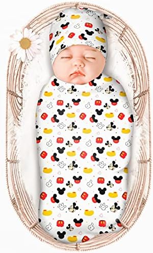 Baby Swaddle Blanket Nursery Wrap Newborn Receiving Blanket with Beanie Set，Soft Stretchy Baby Swaddling Blankets Infant Swaddle Sack for Baby Boy & Girl Gifts