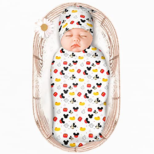 Image of Baby Swaddle Blanket Nursery Wrap Newborn Receiving Blanket with Beanie Set，Soft Stretchy Baby Swaddling Blankets Infant Swaddle Sack for Baby Boy & Girl Gifts