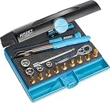 Liebevoll kreierte Zusammenstellung von Vollstahlknarre mit verschiedenen Steckschlüssel- und Schraubendreher-Einsätzen ( Bits ) über Mini-Klappmesser und Elektronik-Schraubenderher bis zur 175mm Universalzange