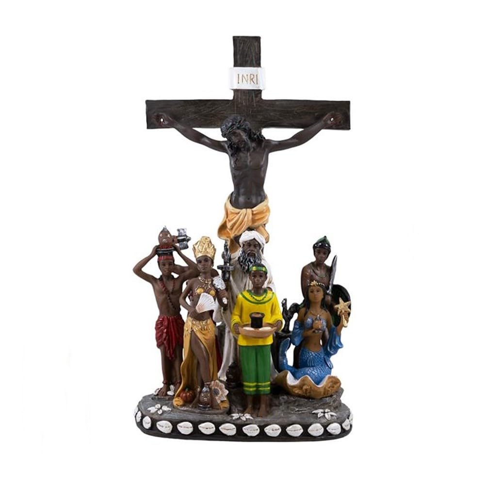 Figurine Jésus Christ Croix 7 Pouvoirs statue chrétienne résine 34 cm