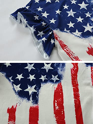 Image of Toddler Girls July 4th Shirts American Flag Ruffle Short Sleeve Patriotic Red White Blue Star Outfits Blouse Tops