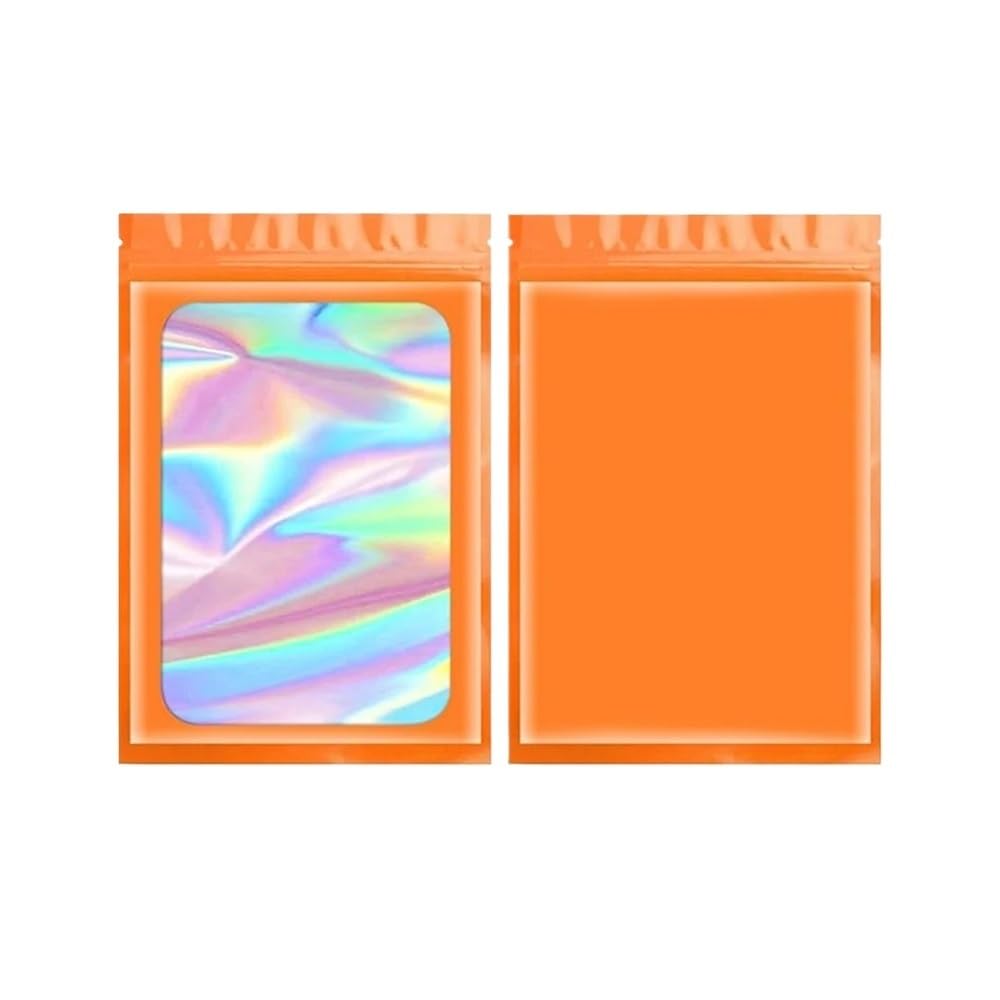 100pcs Custom Mylar Holographic Bags With Logo Personalized Foil Pouch Ziplock Packaging For Small Business Jewelry Food Storage(Orange,No Logo and Custom,13X21cm 5.12X8.27in)