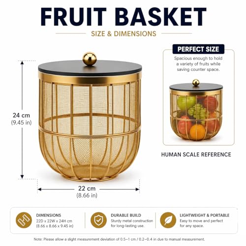 Image of Luxury Gold Metal Fruit Basket with Lid, Modern Wire Mesh Storage Bowl for Kitchen Counter, Decorative Fruit Holder for Dining Table, Rust-Resistant Organizer for Fruits, Vegetables & Snacks