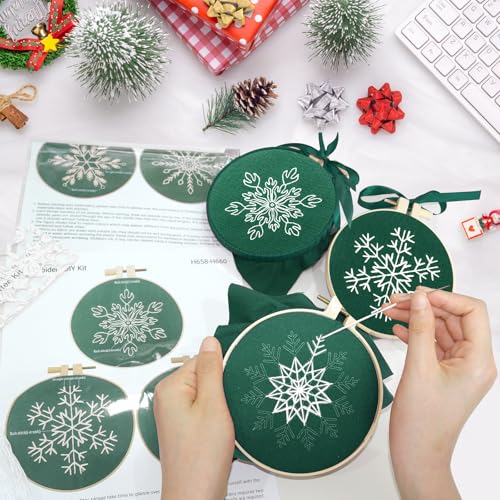 Image of CMINAUS 6 Sets Christmas Embroidery kit for Beginners Adults, Green Christmas Ornament Kit Snowflakes Needlepoint Cross Stitch Kits, Stitch Learning Kit with Needles Ropes Ribbon for Xmas Decorations