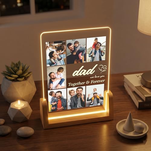 Image of Giftplease Personalized Rectangular Acrylic Wood Photo Frame | Warm LED Light Base Custom 7 Picture Collage Night Decor for Father Papa Husband | Fathers Day Best Dad Birthday Tabletop