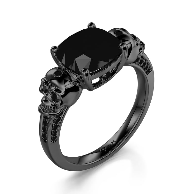 Jeulia Anillos de compromiso con diseño de calavera, amor eterno, gótico, negro, plata de ley con diamante de corte cojín, anillos de boda para Halloween, clásicos, retro, regalos para mujeres
