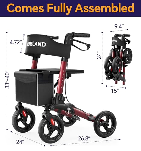 HOMLAND Rollator Walkers for Seniors with Seat, FSA/HSA Foldable Walker, 8" Wheels Lightweight Aluminum Rolling Walker - Thumbnail 5